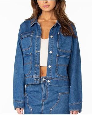 Roxy Reel Life Cropped Oversized-pocket Denim Jacket - Blue
