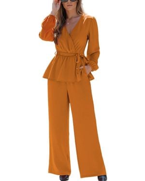 CUPSHE Elegant V-neck Top And Wide-leg Pants Matching Set - Orange