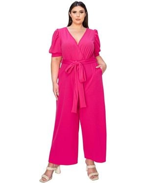 L I V D Plus Size Iris Surplice Belted Pocket Jumpsuit - Pink