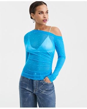 BarIII Asymmetric Embellished Mesh Top - Blue