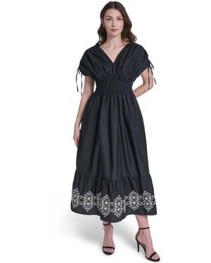 Vince Camuto V-neck Embroidered Hem Midi Dress - Black