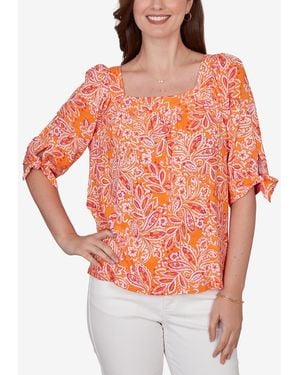 Ruby Rd. Petite Paisley Print Tie Sleeve Knit Top - Orange