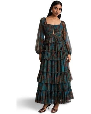Warehouse Abstract Print Cut Out Maxi Dress - Blue