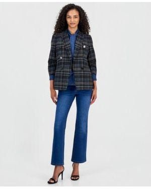 Anne Klein Plaid Blazer Cotton Tie Neck Button Front Top Leo High Rise Bootcut Jeans - Blue