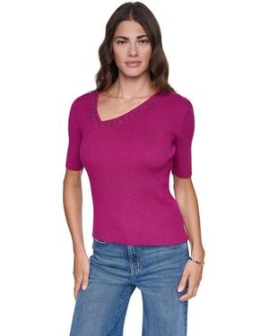 DKNY Asymmetrical V-neck Studded Ribbed-knit Pullover Sweater - Purple