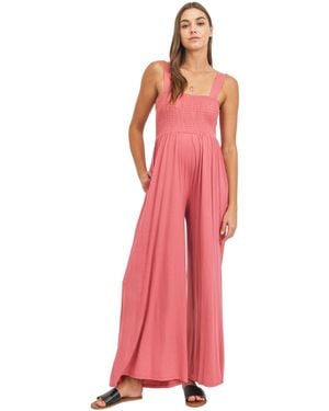 Hello Miss Maternity Sleeveless Smocked Bodice Wide-leg Jumpsuit - Pink