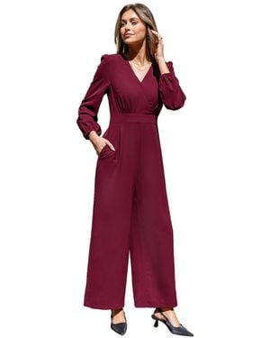 CUPSHE V-neck Long Puff Sleeve Wide-leg Jumpsuit - Red