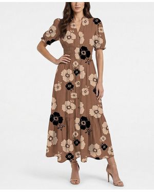 Taylor Floral Print Puff-sleeve Collared Polyester Shirt Dress - Brown