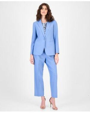 Anne Klein Linen Blend One Button Blazer Asymmetric Pleated Top Ankle Pants - Blue