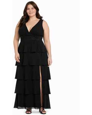 R & M Richards Plus Size Sleeveless V-neck Tired Skirt Front Slit Dress - Black