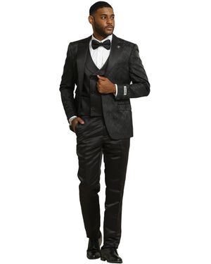 Stacy Adams 3-piece Paisley Jacket With Solid Vest And Pants Suit Notch Lapel - Black