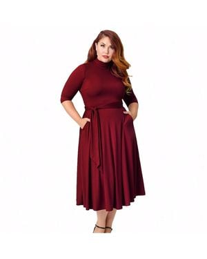 Unique Vintage Plus Size 1950s Turtleneck Midi Dress - Red