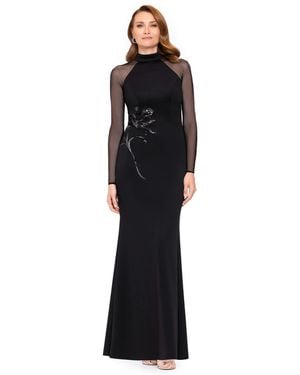 Betsy & Adam Clemmie Sequin Floral-applique Mock-neck Long-sleeve Dress - Black