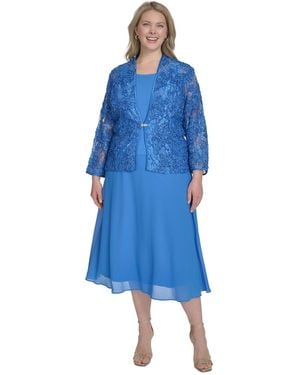 Jessica Howard Plus Size 2.pc Jewel-neck Midi Dress & Lace 3/4-sleeve Jacket - Blue