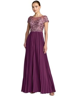 Mac Duggal Petite Embroidered Cap Sleeve High Neck Pleated Gown - Purple