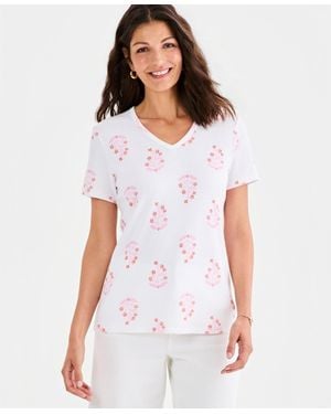 Style & Co. Petite V-neck Floret Patch Top - White