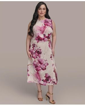 Donna Karan Ribbed Knot Printed Midi A-line Dress - Pink
