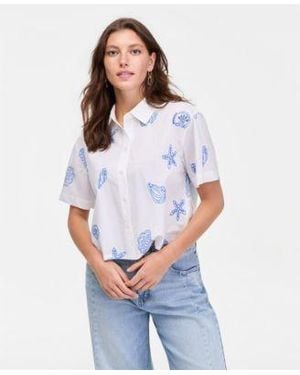 On 34th Cotton Two Tone Embroidered Eyelet Short Sleeve Shirt Macys Exclusive - White