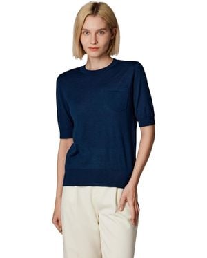 Jennie Liu Tissue Weight 75% Merino Wool 25% Silk Crew Neck Short Sleeve T Shirt Sweater | Ultra Soft Machine-washable Sweaters - Blue
