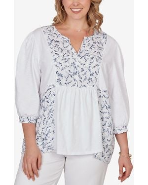 Ruby Rd. Plus Size Mixed Fabric Sharkbite Knit Top - White
