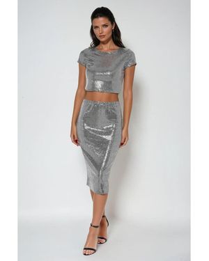 Bebe Two Piece Disco Dot Top With Midi Skirt - Blue