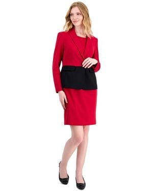 Le Suit Petite Colorblocked One Button Peplum Empire Seamed Jacket And Dress - Red