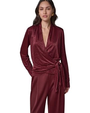 Donna Karan Long-sleeve Crinkled V-neck Blouse - Red