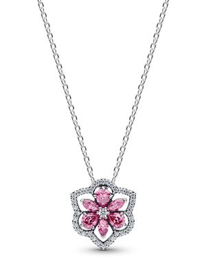 PANDORA Herbarium Sparkling Pink Flower Pendant Necklace - White