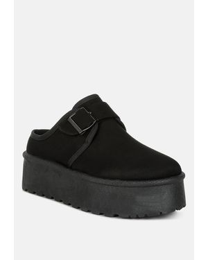 LONDON RAG Mayfield Buckle Strap Fur Platform Classic Slip-on - Black