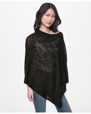 DKNY Asymmetric Logo Pointelle Stitch Poncho Sweater - Black