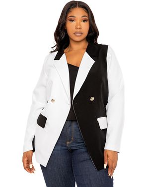 Buxom Couture Plus Size Contrast Double Breasted Blazer - White