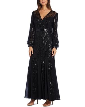 R & M Richards Sequined Blouson-sleeve Gown - Black
