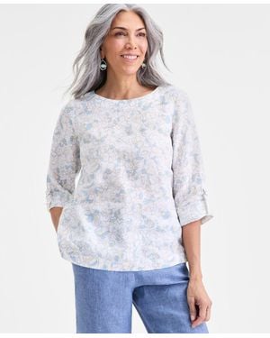 Charter Club Linen Sketched Floral 3/4-sleeve Top - White