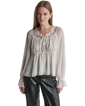 BCBGMAXAZRIA Scoop Neckline Lace-trim Long-sleeve Blouse - Gray