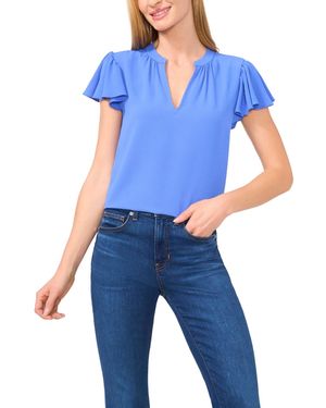 Cece Short Ruffled Sleeve Solid V-neck Blouse - Blue