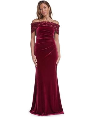Eliza J Off The Shoulder Side Tuck Velvet Floral-applique Sequin Gown - Red