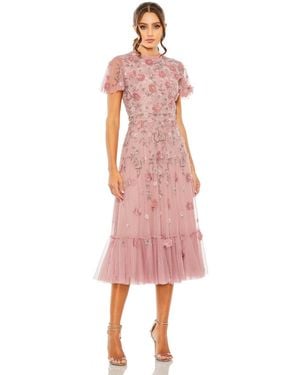 Mac Duggal Embellished High Neck Cap Sleeve A Line Dress - Pink