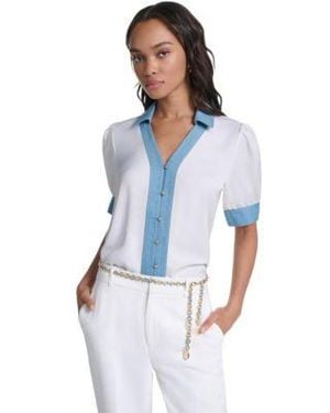KARL LAGERFELD Denim Collar Button Front Blouse - Blue