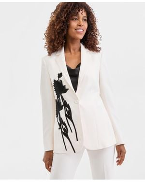 Anne Klein Structured Stretch Floral-applique One-button Blazer - White