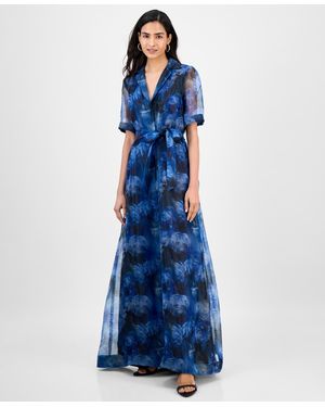 Julia Jordan Floral-print Short-sleeve Maxi Shirtdress - Blue