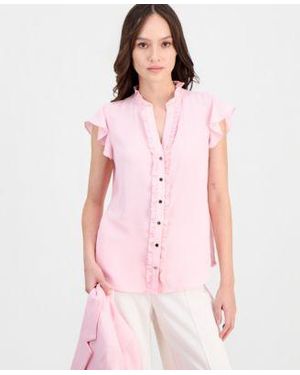 Anne Klein Essentials Flutter Sleeve Ruffle Placket Top - Pink