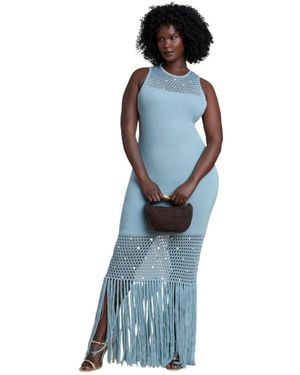 Eloquii Plus Size Fringe Shell-embellished Sweater Maxi Dress - Blue