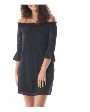 Beach House Style Solid Kelsea Smocked Off The Shoulder Dress - Blue