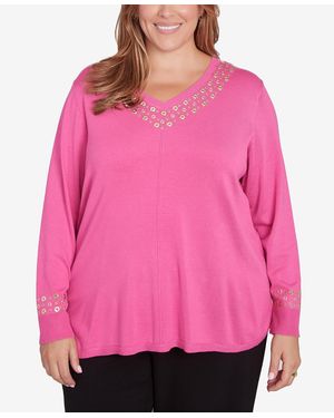 Ruby Rd. Plus Size Grommet Embellished Fine Gauge Sweater - Pink