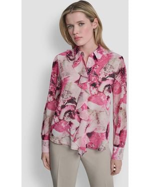 DKNY Collared Long-sleeve Ruffle Detail Shirt - Pink