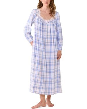 Eileen West Ballet Long-sleeve Plaid Lace-trim V-neck Nightgown - Blue