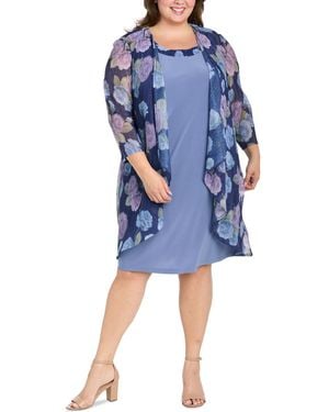 R & M Richards Plus Size Printed Mesh Jacket & Necklace Dress - Blue