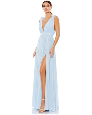 Mac Duggal Petite Sleeveless Pleated Chiffon V-neck Gown - Blue