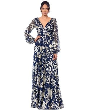 Betsy & Adam Printed Blouson-sleeve Maxi Dress - Blue