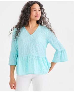 Style & Co. Printed V-neck Seersucker Peplum Top - Blue